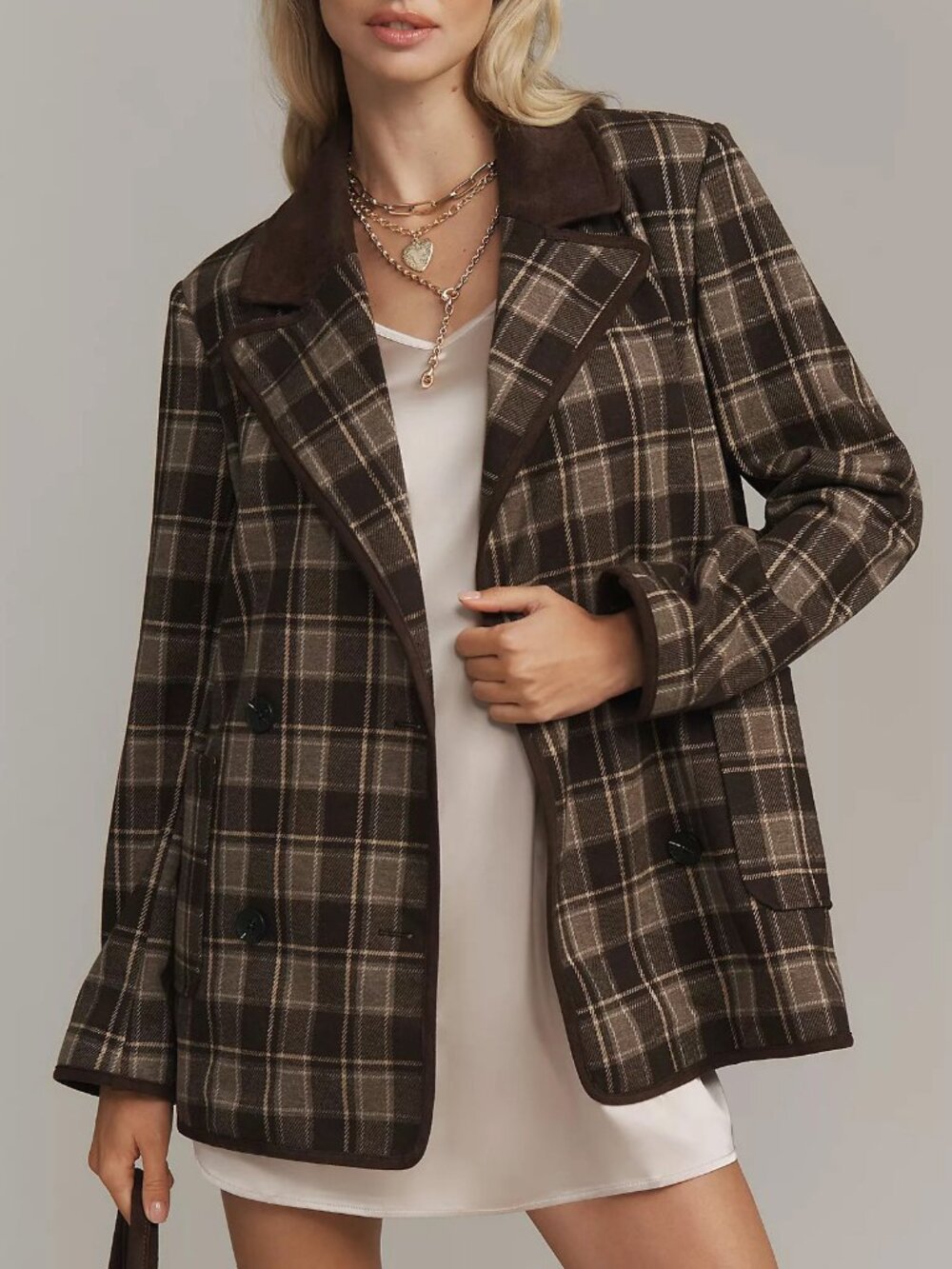 New Avec Les Filles Plaid Blazer Brown Taupe Large $158